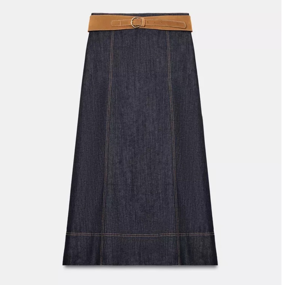 ZARA Women’s S Indigo Denim A-Line Wrap Skirt Brown Faux Leather Belt Boho 90s - Picture 3 of 10